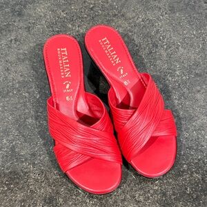 Italian Shoemakers Red Leather Cross-Band Slide Wedge Sandals Size 6.5